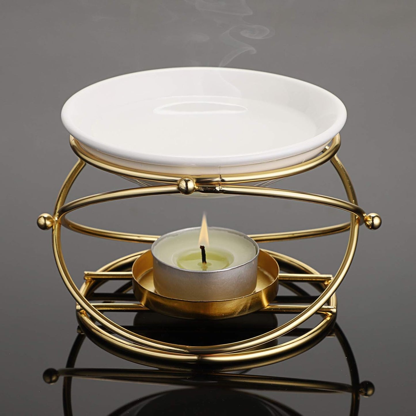 JuxYes European Metal Oil Burner Wax Warmer, Delicate Romantic Ceramic Tealight Candle Holder Oil Burner, Fragrance Warmer Aromatherapy Wax Candle Tart Burner Warmer Diffuser for Home Bedroom Décor