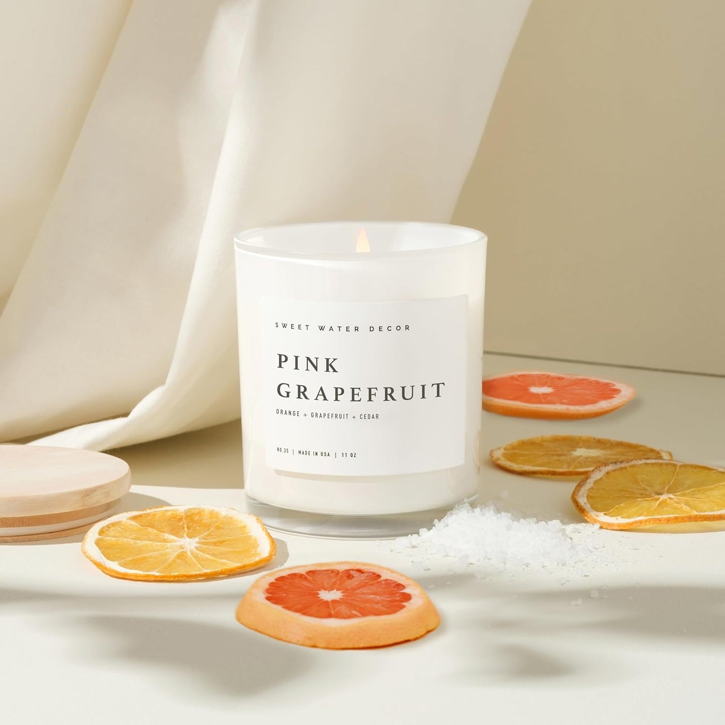 Sweet Water Decor Salt and Sea Candle - Sea Salt, Citrus, Amber, Musk, Beach Scented Soy Candles for Home - 11oz White Glass Jar Wood Lid, 50 Hour Burn Time, Made in the USA