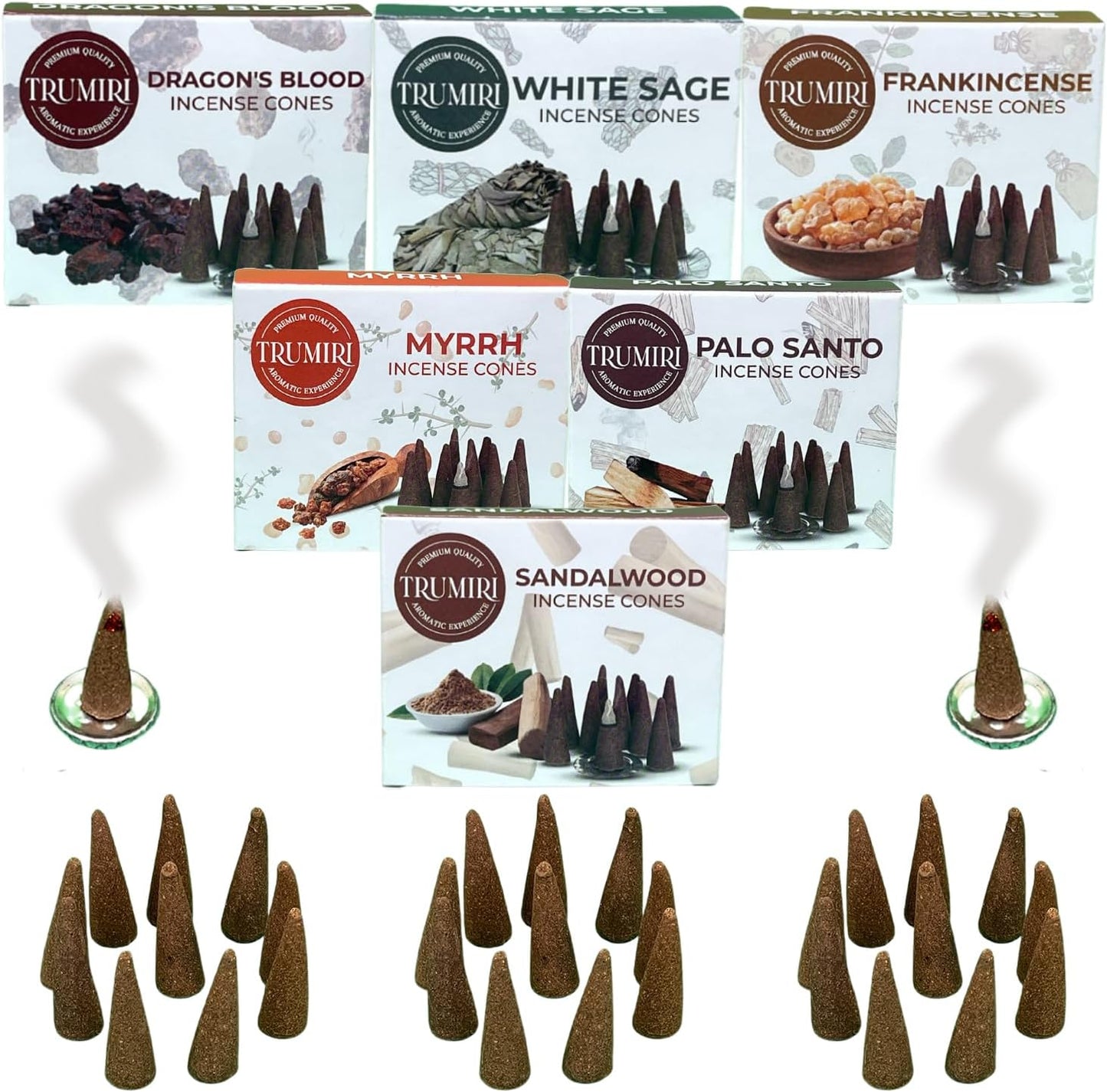 Trumiri Woody Incense Cones - Variety Pack - Total 60 Cone Incense (6 Scents x 10 Conos) - White Sage, Palo Santo, Dragons Blood, Sandalwood - Inscents-Cones Scented - Insense Cones - Incent Cone