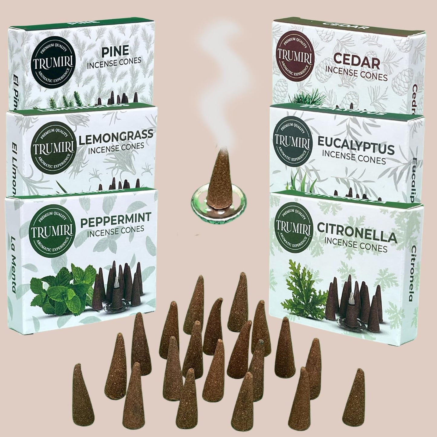 Trumiri Woody Incense Cones - Variety Pack - Total 60 Cone Incense (6 Scents x 10 Conos) - White Sage, Palo Santo, Dragons Blood, Sandalwood - Inscents-Cones Scented - Insense Cones - Incent Cone