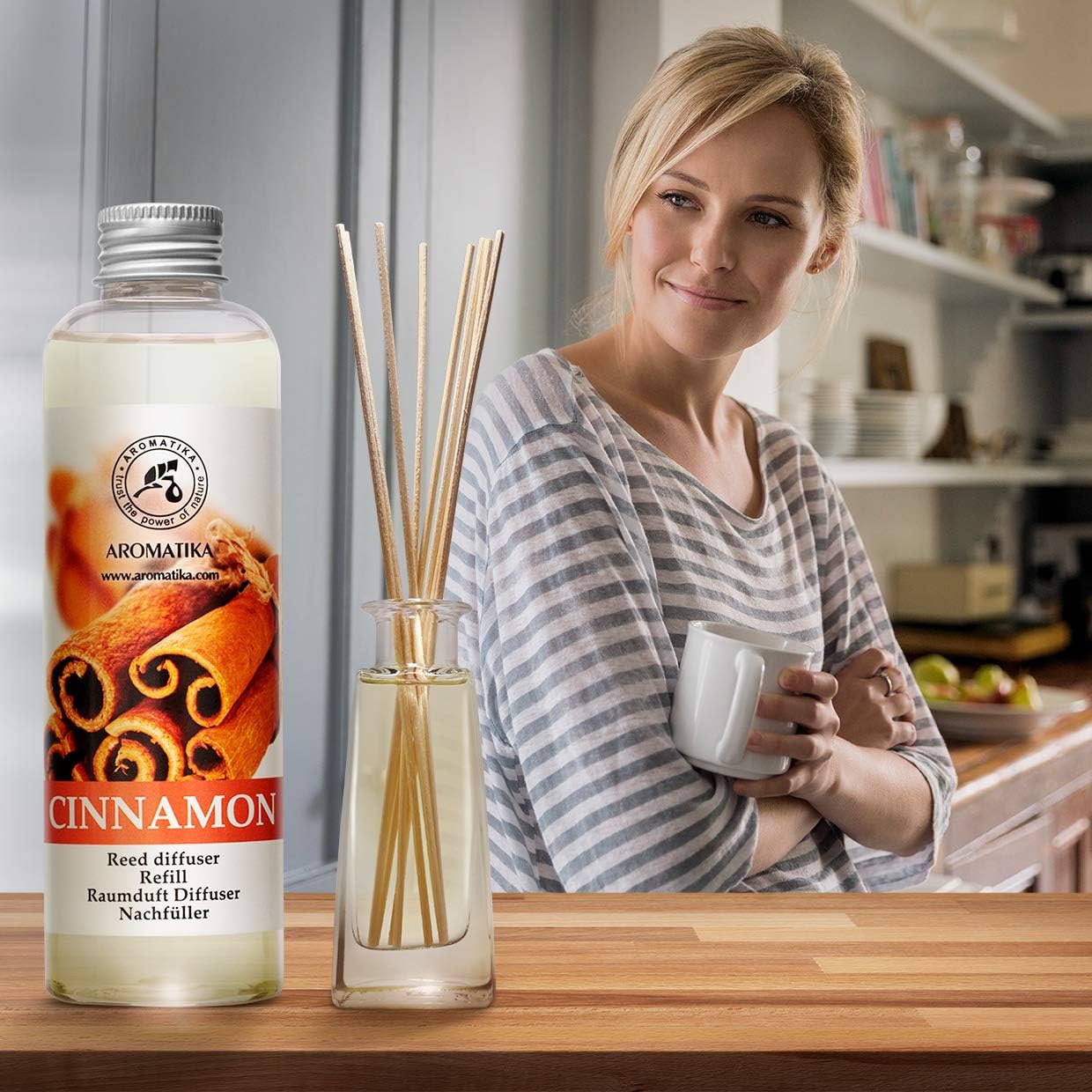 Cinnamon Reed Diffuser Refill with Natural Essential Cinnamon Oil 6.8 Fl Oz - Fresh & Long Lasting Fragrance - Reed Diffuser Oil Refill for Aromatherapy - Home - Fitness - Boutique