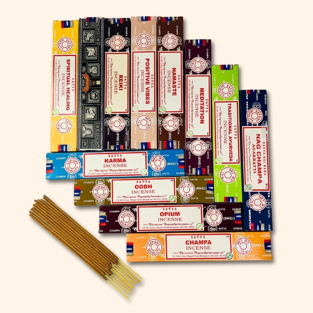 Satya Premium Mix Assorted Incense Sticks Set of 12 Pack | for Meditation, Aromatherapy, Healing, Yoga, Positivity and Relaxation | 180 Sticks (12Packs X 15Sticks)