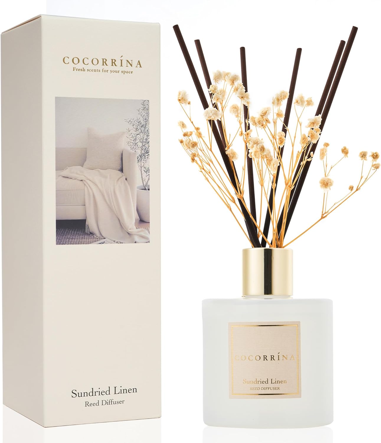 COCORRÍNA Reed Diffuser Set, 6.7 oz Clean Linen Scented Diffuser with Sticks Home Fragrance Reed Diffuser for Bathroom Shelf Decor