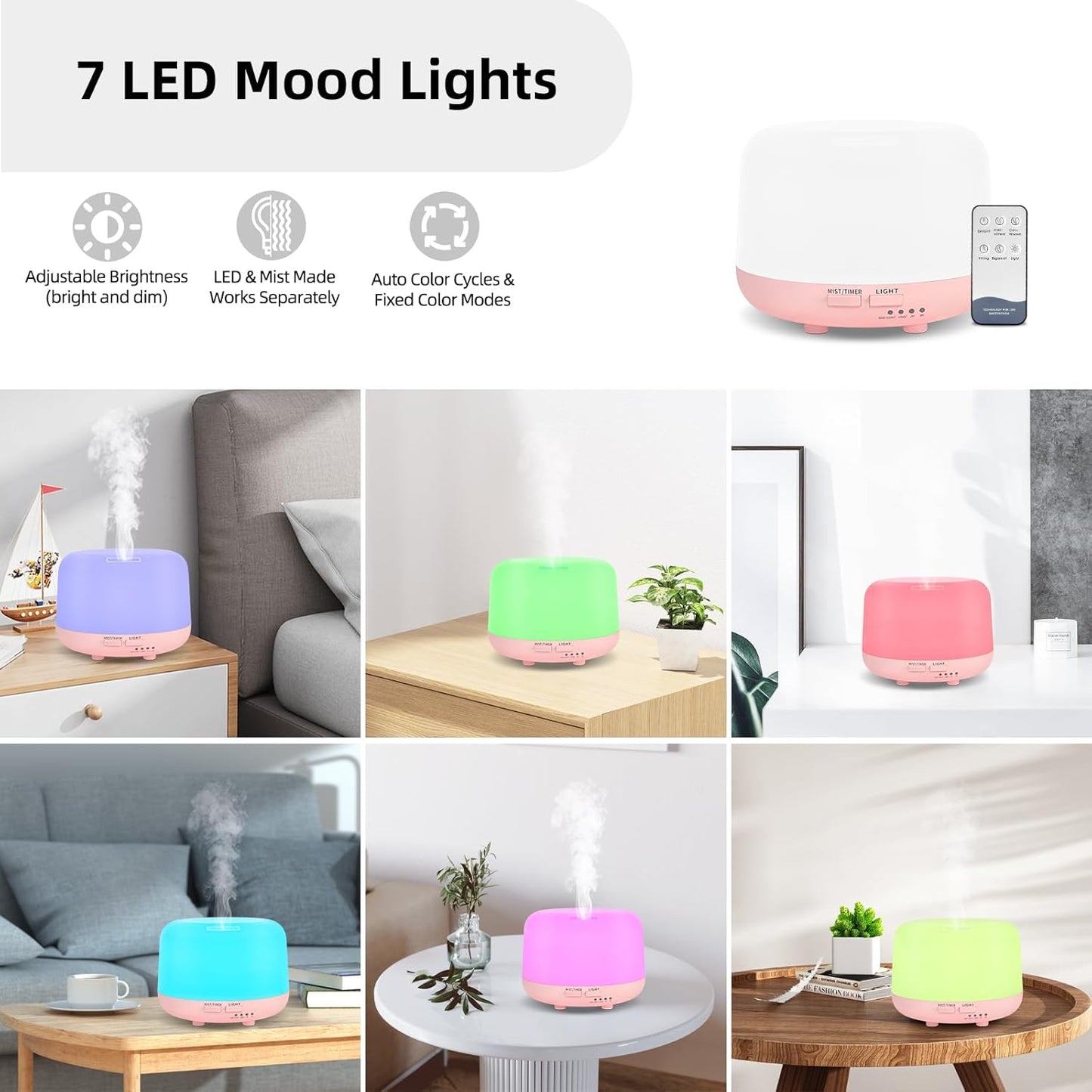 SPLITSKY Aromatherapy Essential Oil Home Diffuser with Remote Control, 300ML Large Room Cool Mist Air Humidifier, 8 Hours Quiet Operation, Timer, 7 Colors LED Night Night,Suitable Home,Yoga.