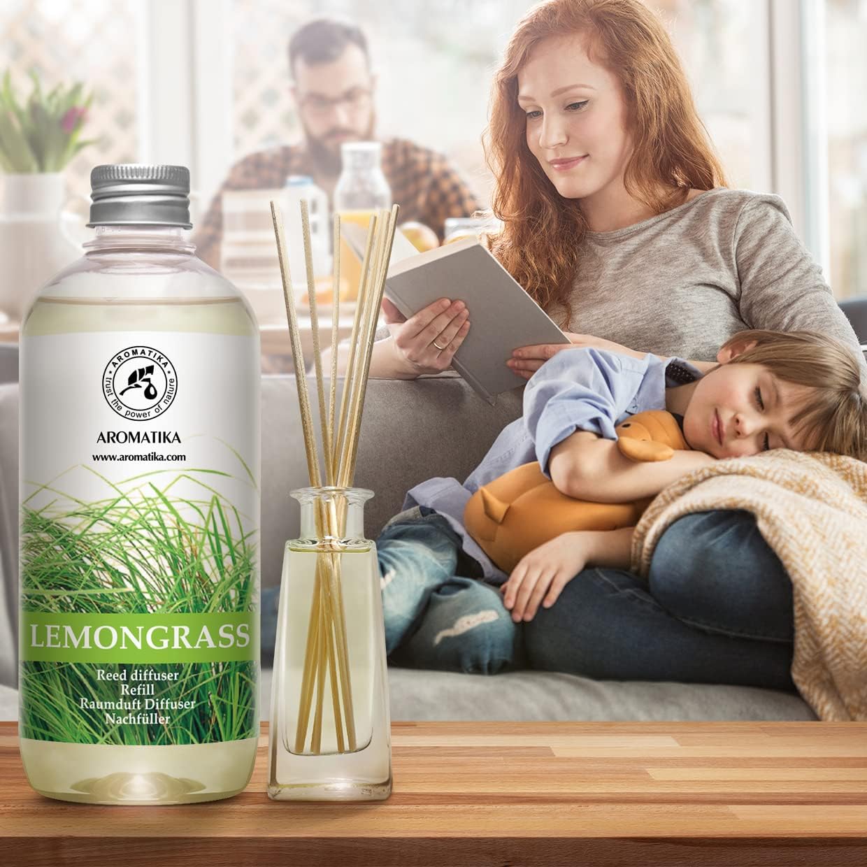 Lemongrass Diffuser Refill 34 Fl Oz (2x17 Fl Oz) - Fresh & Long Lasting Fragrance - Refill with Natural Essential Lemongrass Oil - for Aromatherapy - Spa - Home - Reed Diffuser Oil Refill Lemongrass
