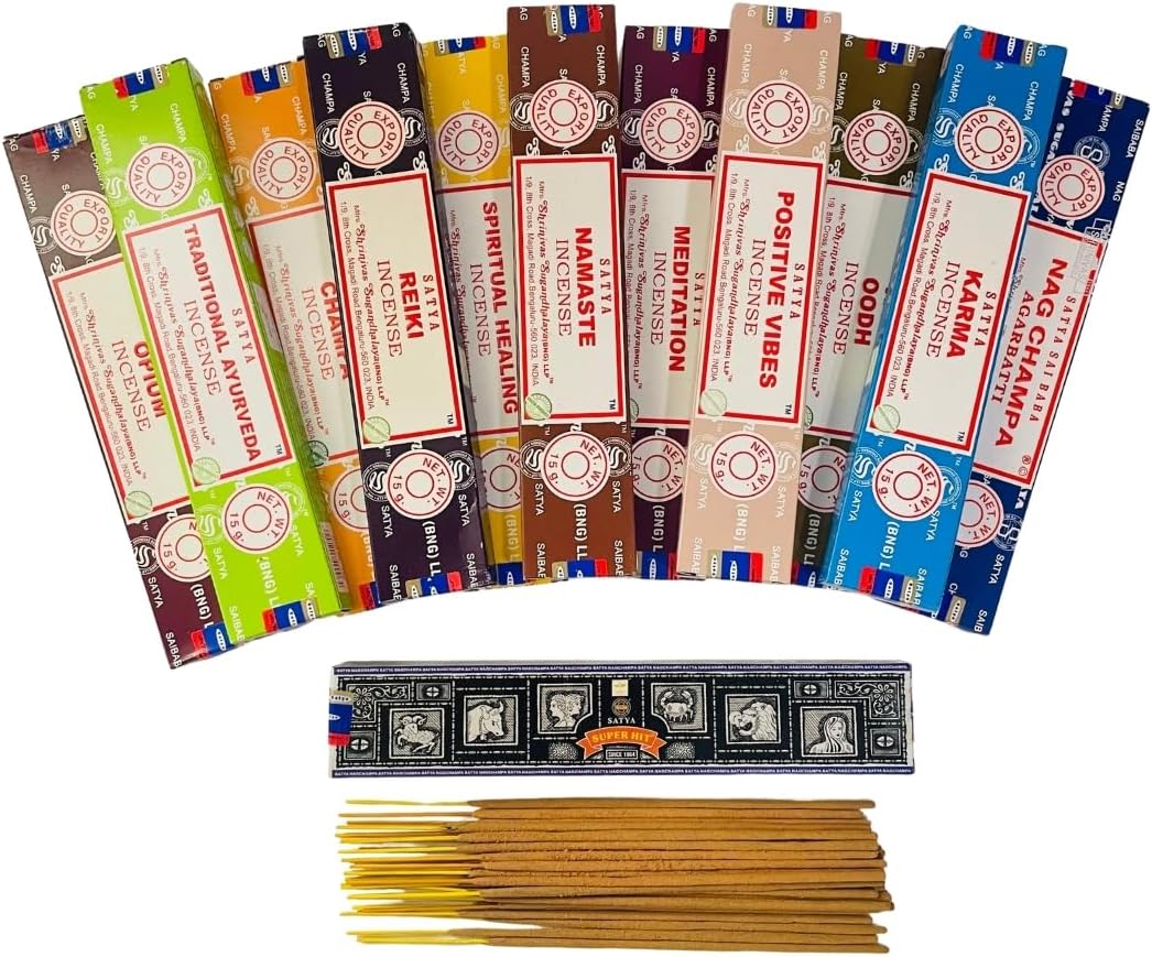 Satya Premium Mix Assorted Incense Sticks Set of 12 Pack | for Meditation, Aromatherapy, Healing, Yoga, Positivity and Relaxation | 180 Sticks (12Packs X 15Sticks)