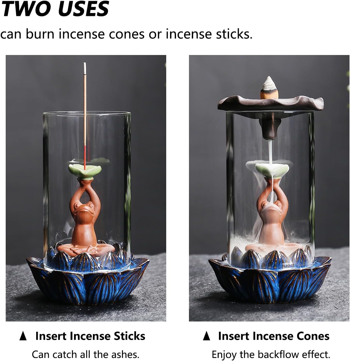 ChangWanna Frog Incense Stick Holder - Ceramic Insence Burner Ash Catcher, Insense Stand with 45 Sandalwood Sticks, Ornament for Aromatherapy/Yoga/Meditation/Home Living Room Office Decor