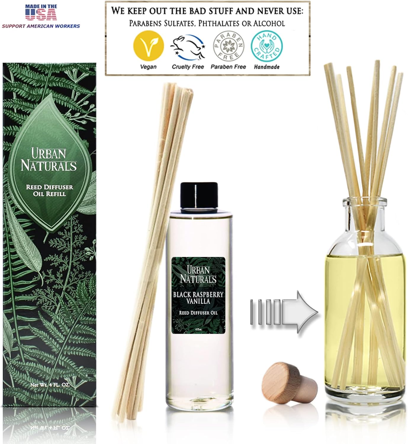 Urban Naturals Eucalyptus & Sage Oil Reed Diffuser Refill | Eucalyptus, Sage, Mint, Lime and Cedarwood| Includes a Free Set of Reed Sticks! 4 oz
