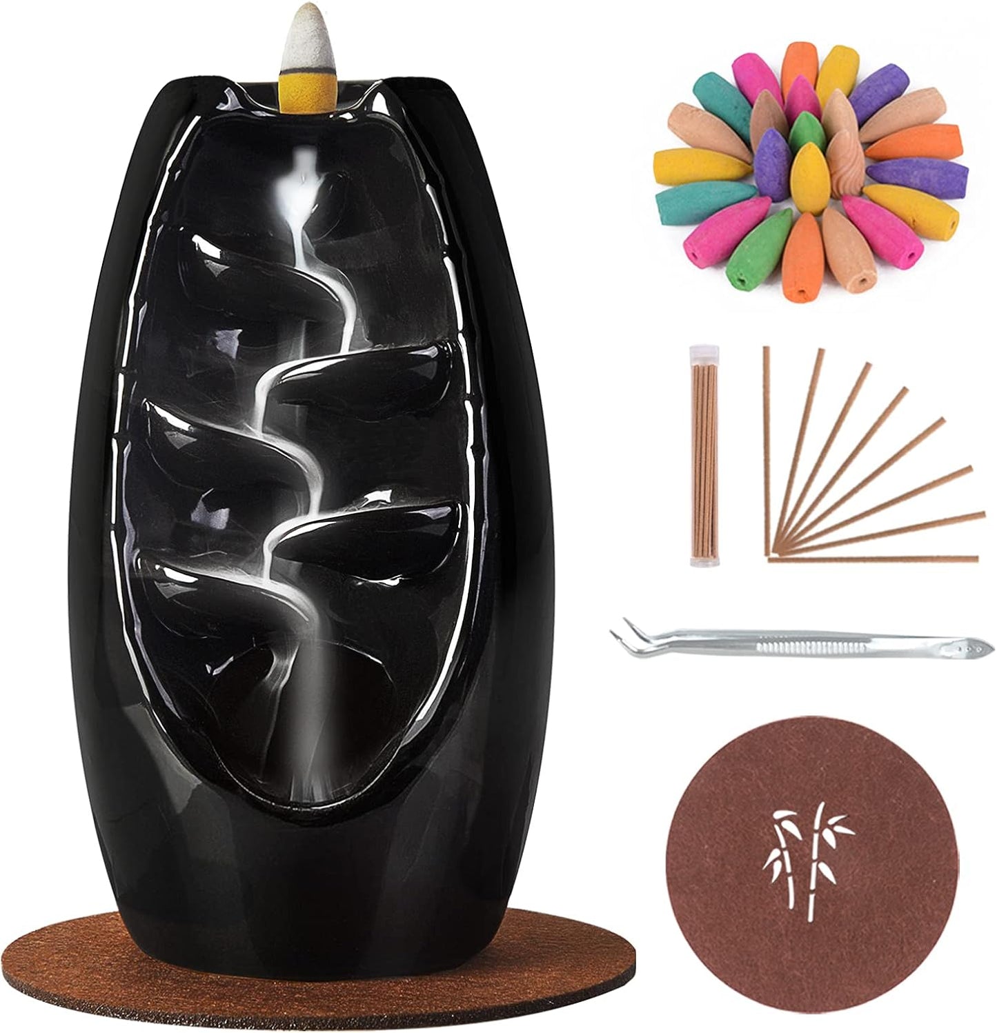 SPACEKEEPER Ceramic Backflow Incense Holder and Burner Waterfall, with 120 Backflow Incense Cones 30 Incense Stick, Aromatherapy Ornament Home Decor, Blue Set