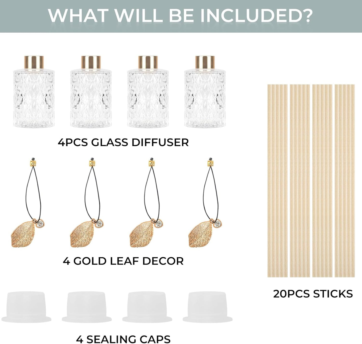 Trifolic Reed Diffuser Set with Metal Golden Decoration, 3.5-4.2oz Empty Reed Diffuser Bottles with 20Pcs Reed Diffuser Sticks, Unique Design Bottles for Home and Office