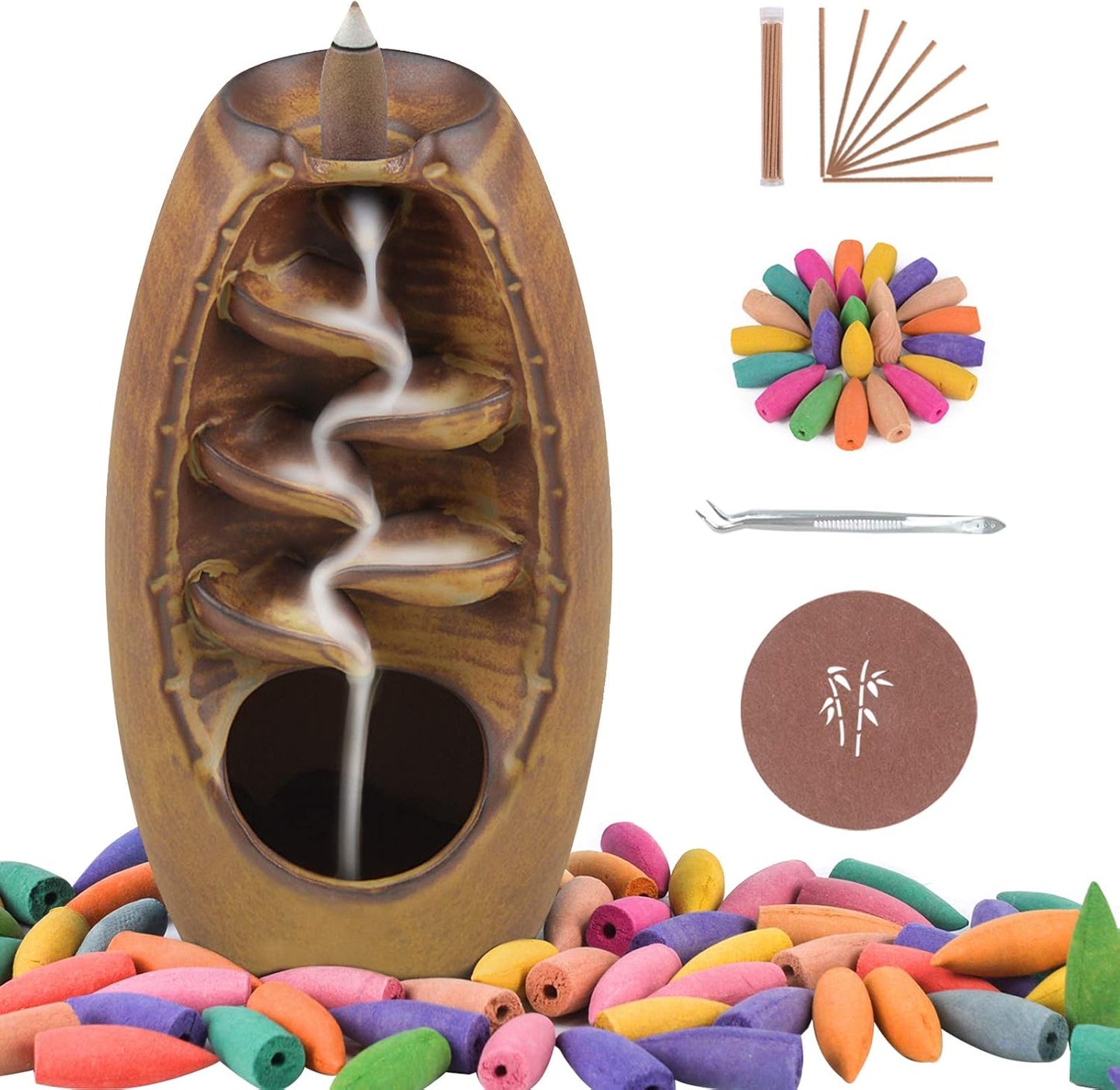 SPACEKEEPER Ceramic Backflow Incense Holder and Burner Waterfall, with 120 Backflow Incense Cones 30 Incense Stick, Aromatherapy Ornament Home Decor, Blue Set