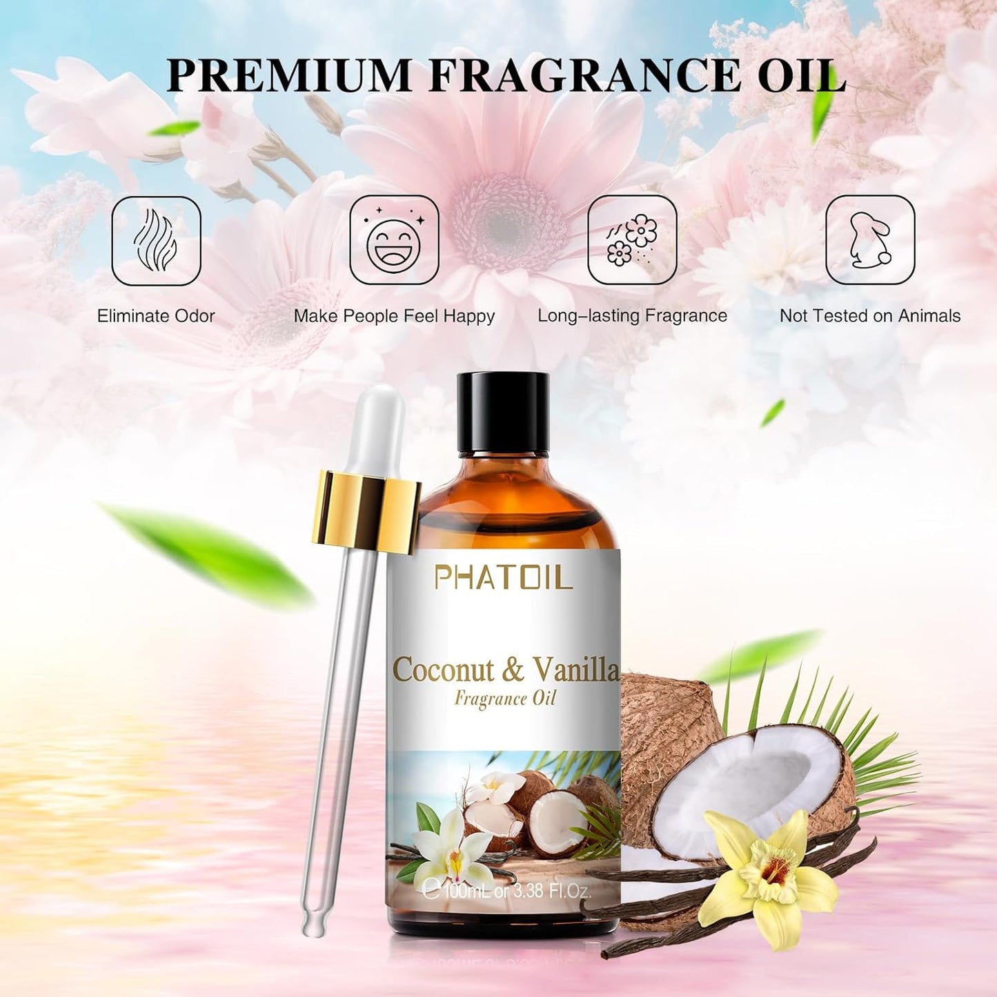 PHATOIL 3.38 FL.OZ Coconut & Vanilla Fragrance Oils for Aromatherapy, Essential Oils for Diffusers for Home, Perfect for Diffuser, Yoga, DIY Candle and Soap Making - 100ml