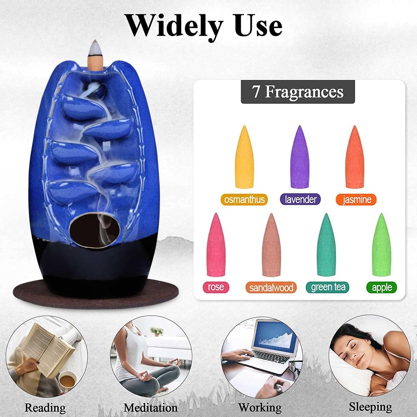 SPACEKEEPER Ceramic Backflow Incense Holder and Burner Waterfall, with 120 Backflow Incense Cones 30 Incense Stick, Aromatherapy Ornament Home Decor, Blue Set