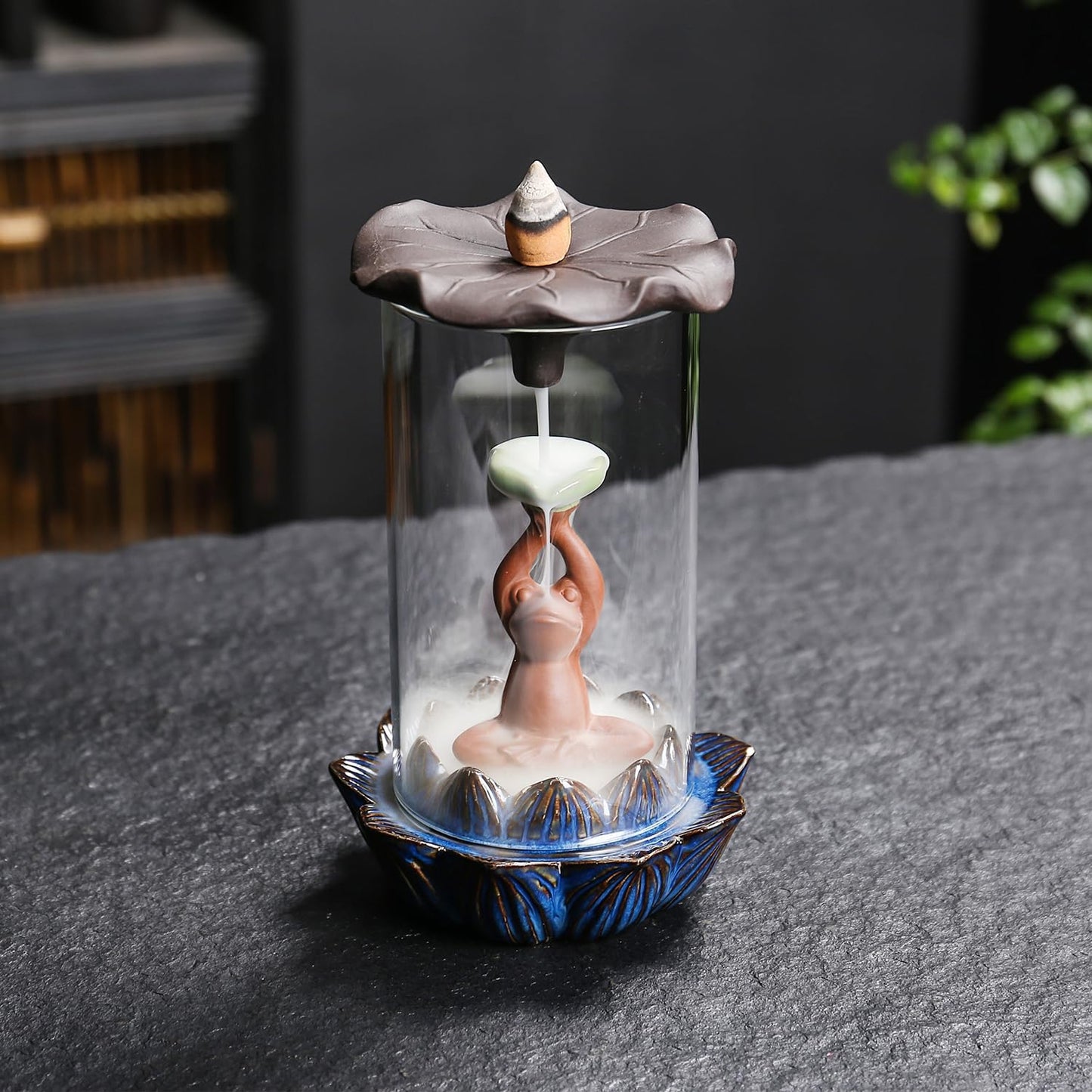 ChangWanna Frog Incense Stick Holder - Ceramic Insence Burner Ash Catcher, Insense Stand with 45 Sandalwood Sticks, Ornament for Aromatherapy/Yoga/Meditation/Home Living Room Office Decor