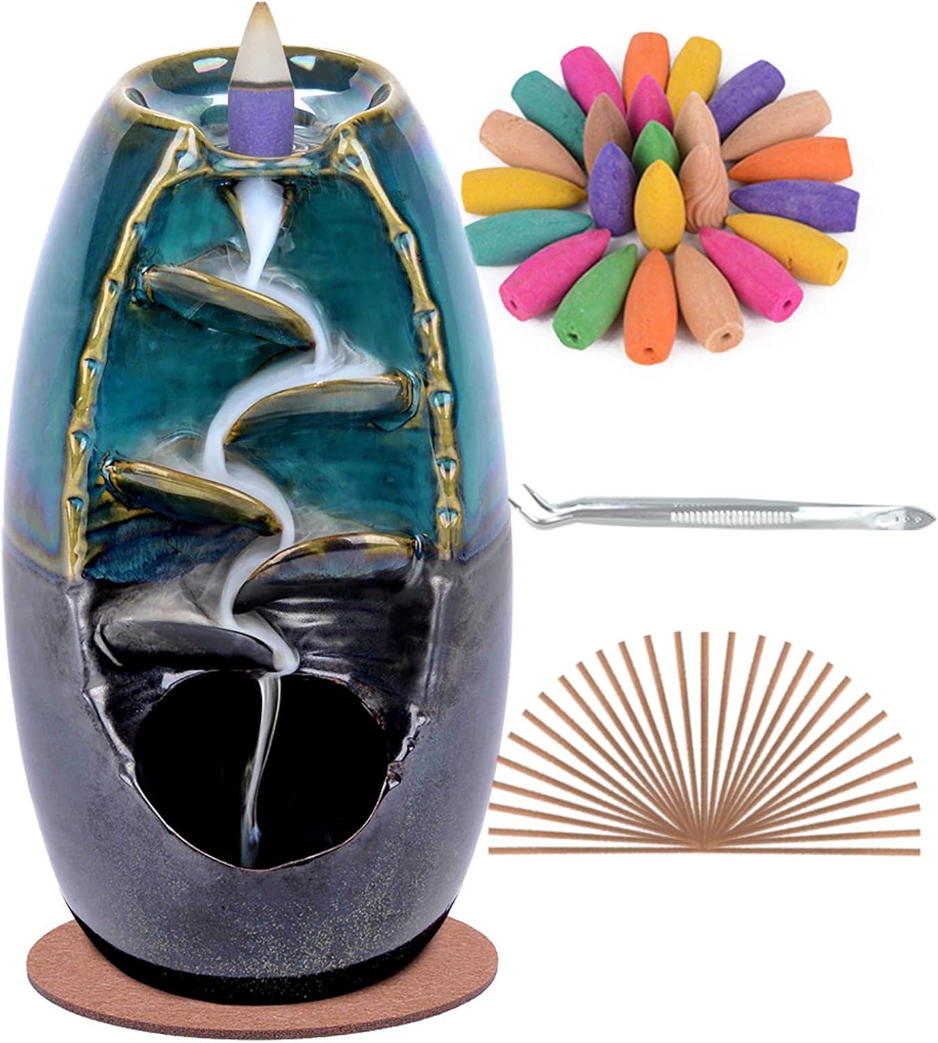 SPACEKEEPER Ceramic Backflow Incense Holder and Burner Waterfall, with 120 Backflow Incense Cones 30 Incense Stick, Aromatherapy Ornament Home Decor, Blue Set