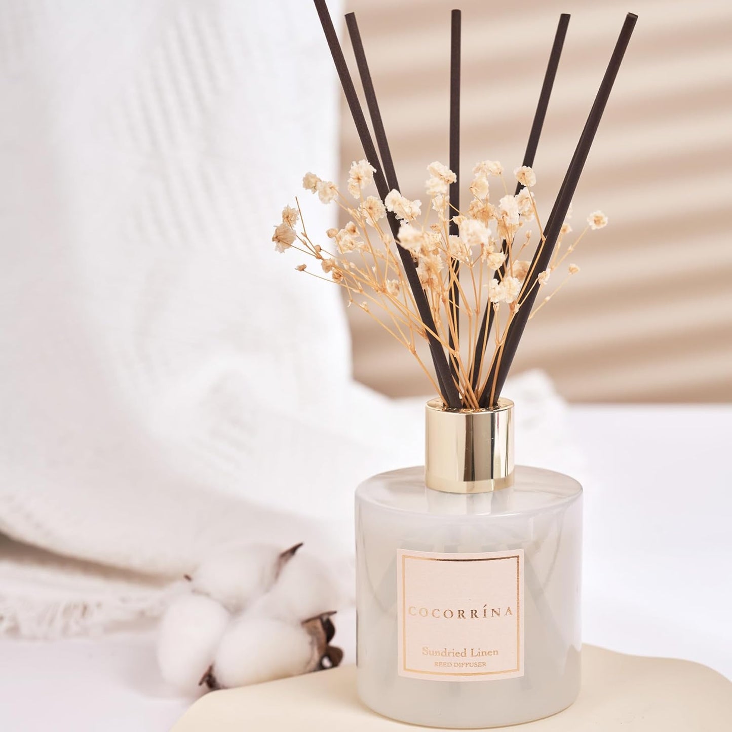 COCORRÍNA Reed Diffuser Set, 6.7 oz Clean Linen Scented Diffuser with Sticks Home Fragrance Reed Diffuser for Bathroom Shelf Decor