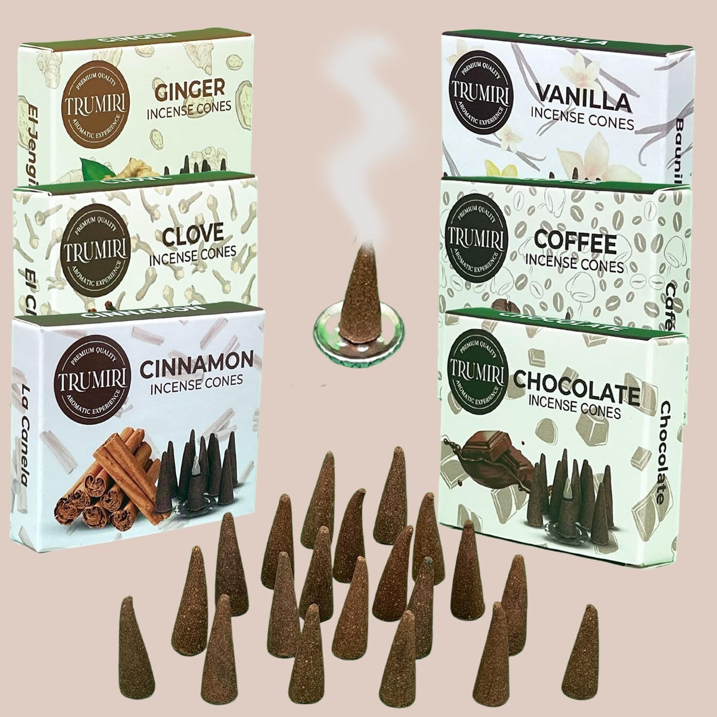 Trumiri Woody Incense Cones - Variety Pack - Total 60 Cone Incense (6 Scents x 10 Conos) - White Sage, Palo Santo, Dragons Blood, Sandalwood - Inscents-Cones Scented - Insense Cones - Incent Cone