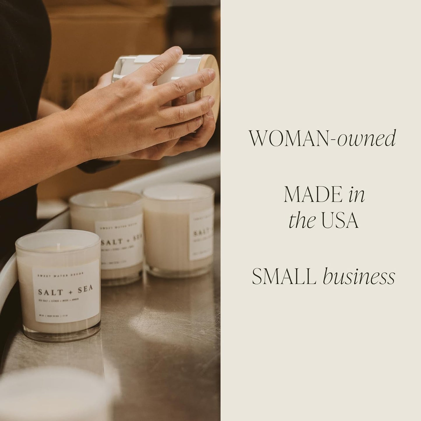 Sweet Water Decor Salt and Sea Candle - Sea Salt, Citrus, Amber, Musk, Beach Scented Soy Candles for Home - 11oz White Glass Jar Wood Lid, 50 Hour Burn Time, Made in the USA