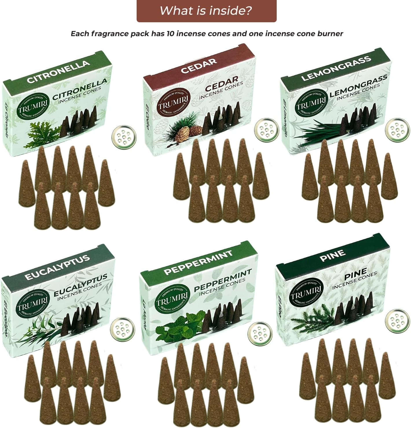 Trumiri Woody Incense Cones - Variety Pack - Total 60 Cone Incense (6 Scents x 10 Conos) - White Sage, Palo Santo, Dragons Blood, Sandalwood - Inscents-Cones Scented - Insense Cones - Incent Cone