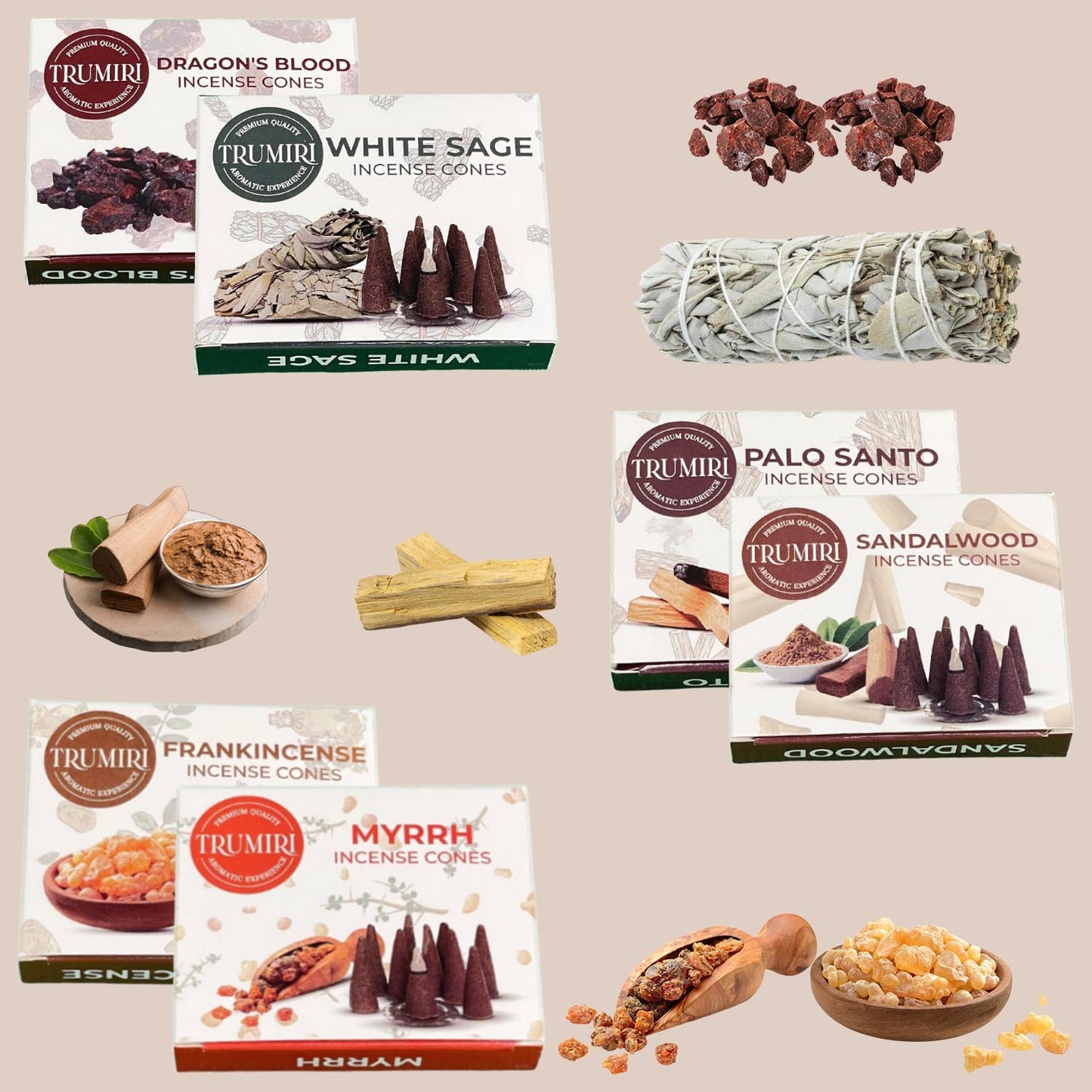 Trumiri Woody Incense Cones - Variety Pack - Total 60 Cone Incense (6 Scents x 10 Conos) - White Sage, Palo Santo, Dragons Blood, Sandalwood - Inscents-Cones Scented - Insense Cones - Incent Cone