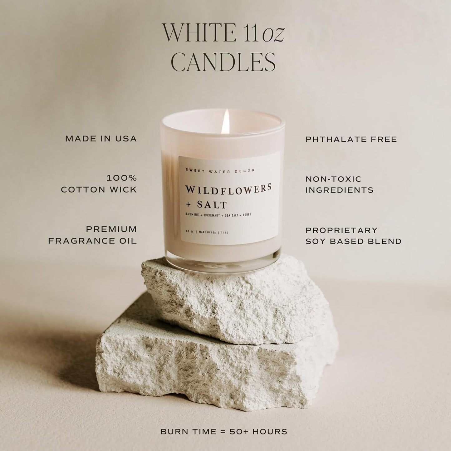 Sweet Water Decor Salt and Sea Candle - Sea Salt, Citrus, Amber, Musk, Beach Scented Soy Candles for Home - 11oz White Glass Jar Wood Lid, 50 Hour Burn Time, Made in the USA