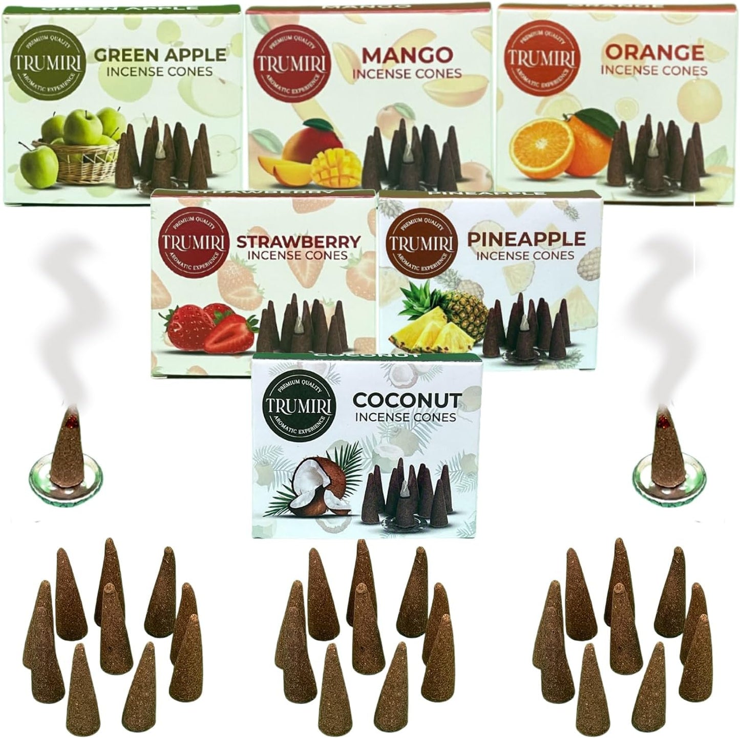 Trumiri Woody Incense Cones - Variety Pack - Total 60 Cone Incense (6 Scents x 10 Conos) - White Sage, Palo Santo, Dragons Blood, Sandalwood - Inscents-Cones Scented - Insense Cones - Incent Cone