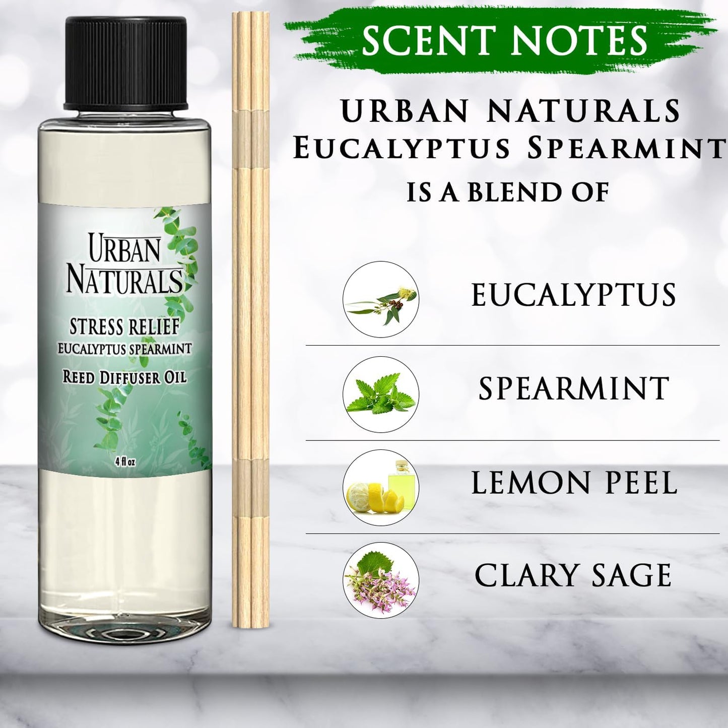 Urban Naturals Eucalyptus & Sage Oil Reed Diffuser Refill | Eucalyptus, Sage, Mint, Lime and Cedarwood| Includes a Free Set of Reed Sticks! 4 oz