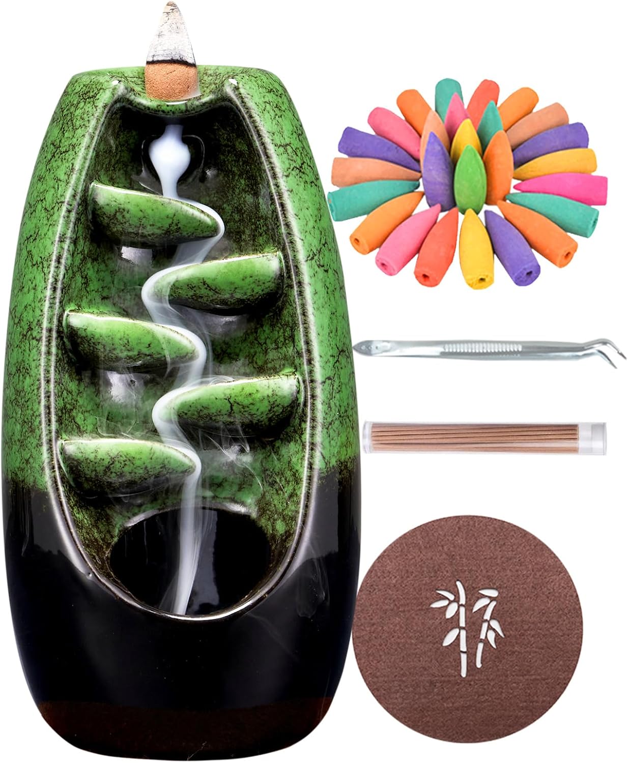 SPACEKEEPER Ceramic Backflow Incense Holder and Burner Waterfall, with 120 Backflow Incense Cones 30 Incense Stick, Aromatherapy Ornament Home Decor, Blue Set