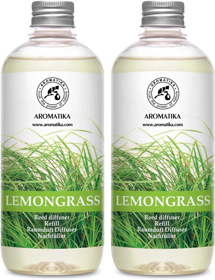 Lemongrass Diffuser Refill 34 Fl Oz (2x17 Fl Oz) - Fresh & Long Lasting Fragrance - Refill with Natural Essential Lemongrass Oil - for Aromatherapy - Spa - Home - Reed Diffuser Oil Refill Lemongrass