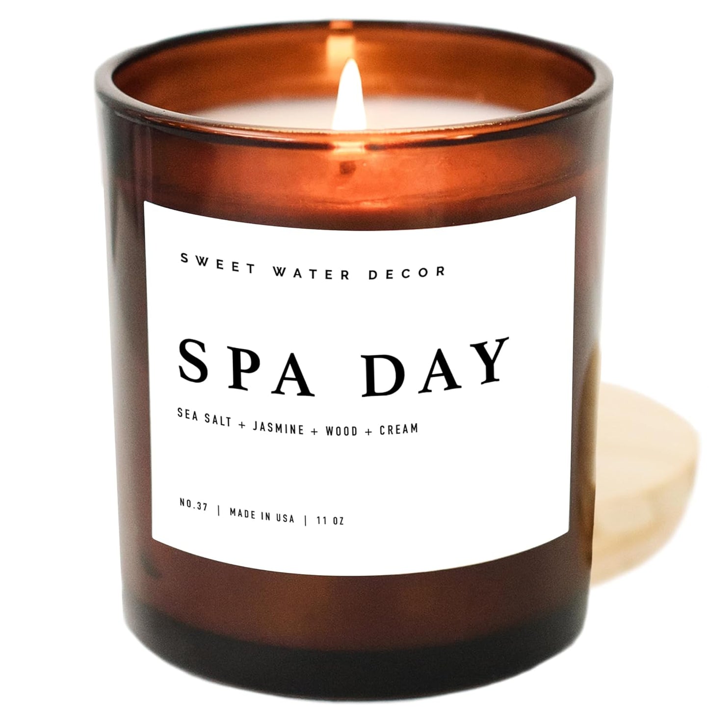 Sweet Water Decor Salt and Sea Candle - Sea Salt, Citrus, Amber, Musk, Beach Scented Soy Candles for Home - 11oz White Glass Jar Wood Lid, 50 Hour Burn Time, Made in the USA