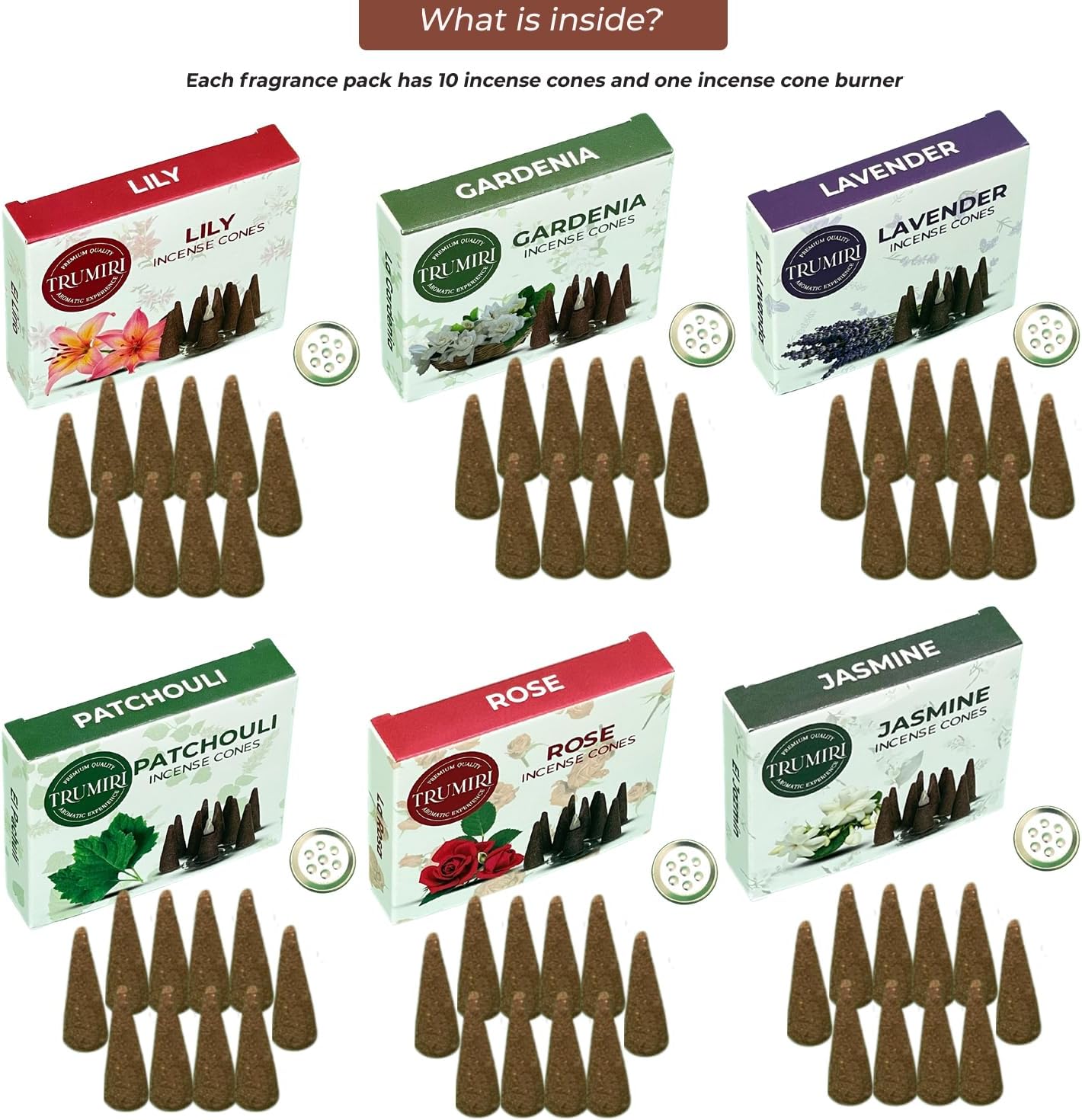 Trumiri Woody Incense Cones - Variety Pack - Total 60 Cone Incense (6 Scents x 10 Conos) - White Sage, Palo Santo, Dragons Blood, Sandalwood - Inscents-Cones Scented - Insense Cones - Incent Cone