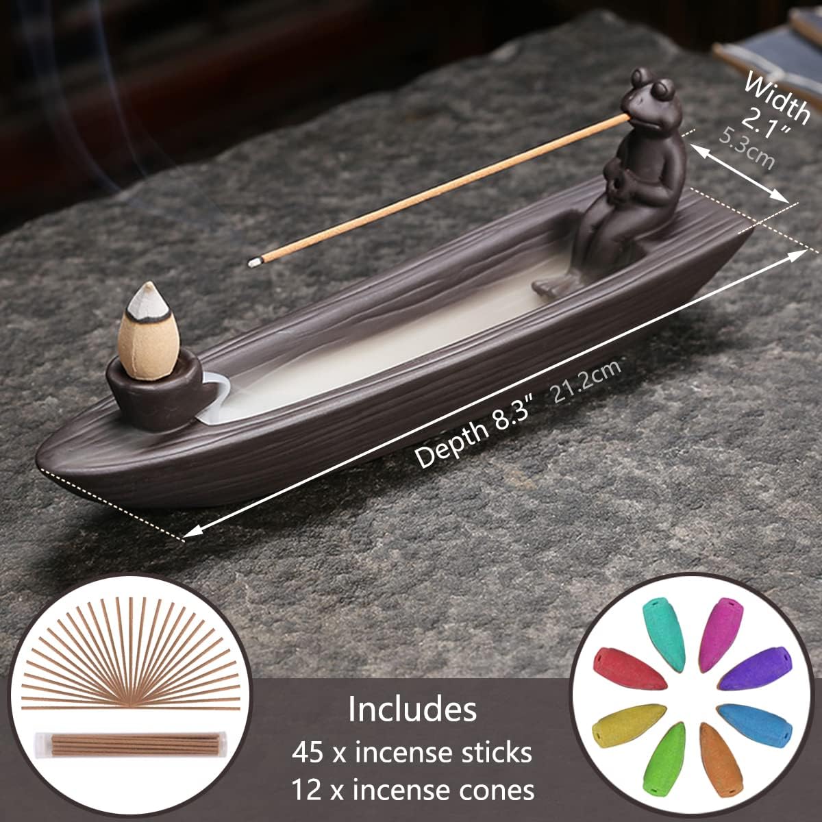 ChangWanna Frog Incense Stick Holder - Ceramic Insence Burner Ash Catcher, Insense Stand with 45 Sandalwood Sticks, Ornament for Aromatherapy/Yoga/Meditation/Home Living Room Office Decor