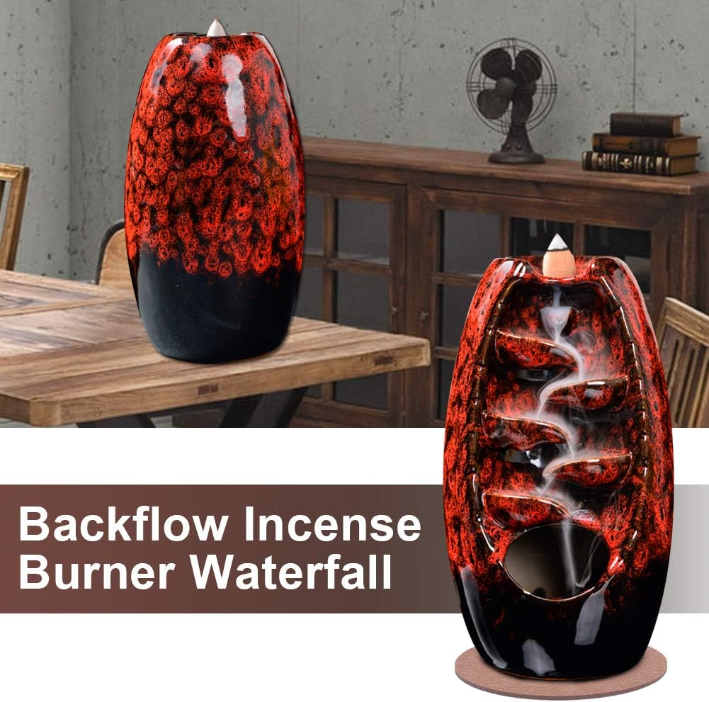 SPACEKEEPER Ceramic Backflow Incense Holder and Burner Waterfall, with 120 Backflow Incense Cones 30 Incense Stick, Aromatherapy Ornament Home Decor, Blue Set