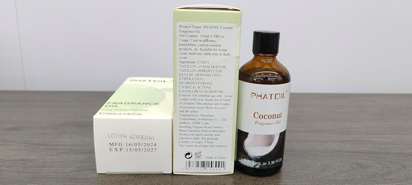PHATOIL 3.38 FL.OZ Coconut & Vanilla Fragrance Oils for Aromatherapy, Essential Oils for Diffusers for Home, Perfect for Diffuser, Yoga, DIY Candle and Soap Making - 100ml