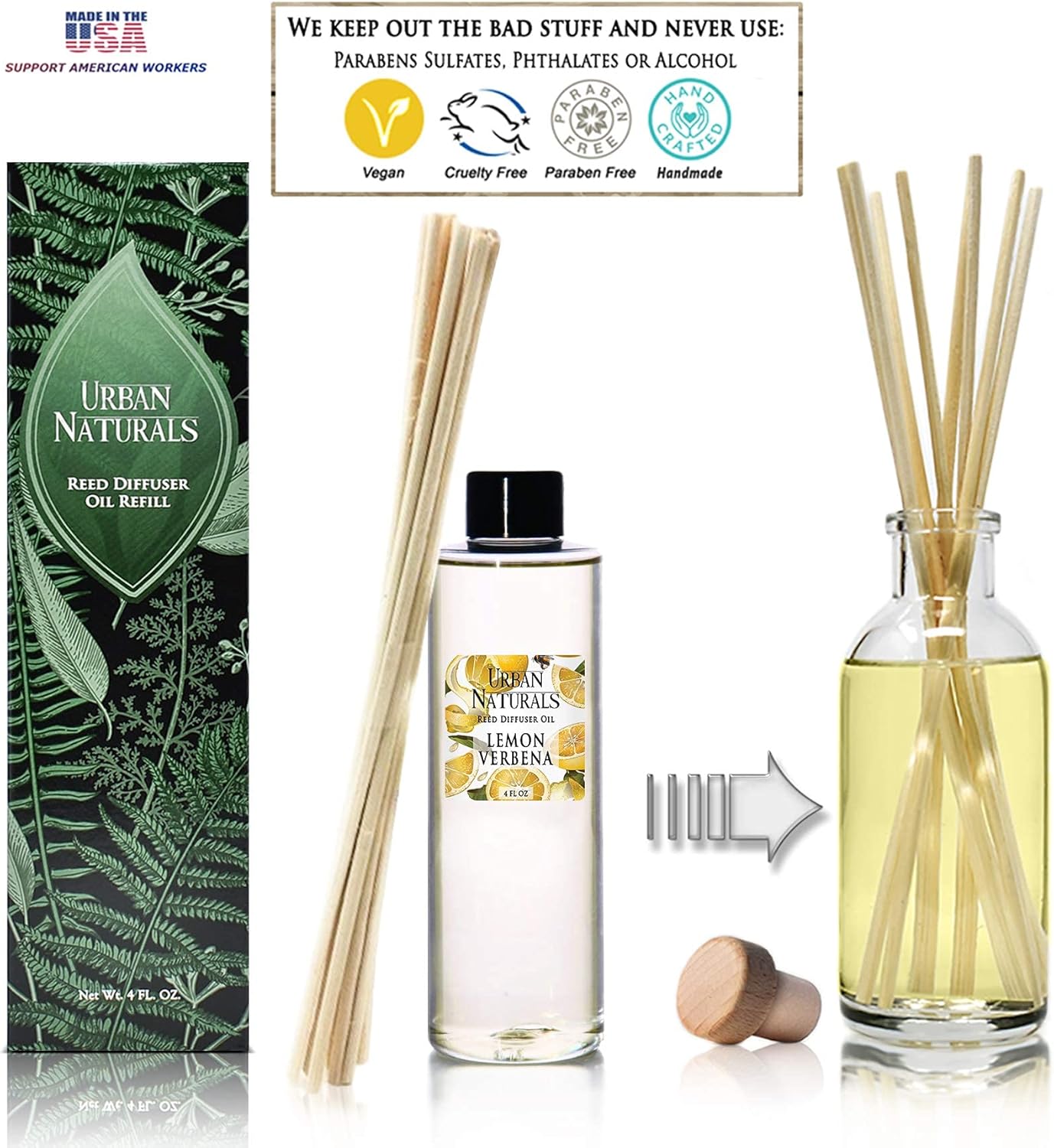 Urban Naturals Eucalyptus & Sage Oil Reed Diffuser Refill | Eucalyptus, Sage, Mint, Lime and Cedarwood| Includes a Free Set of Reed Sticks! 4 oz