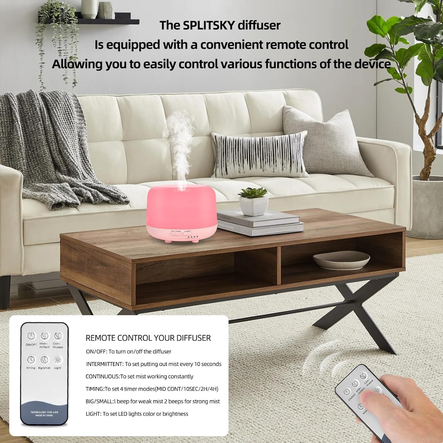 SPLITSKY Aromatherapy Essential Oil Home Diffuser with Remote Control, 300ML Large Room Cool Mist Air Humidifier, 8 Hours Quiet Operation, Timer, 7 Colors LED Night Night,Suitable Home,Yoga.