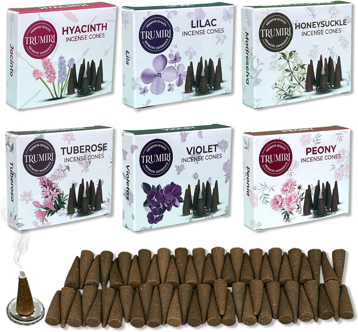 Trumiri Woody Incense Cones - Variety Pack - Total 60 Cone Incense (6 Scents x 10 Conos) - White Sage, Palo Santo, Dragons Blood, Sandalwood - Inscents-Cones Scented - Insense Cones - Incent Cone
