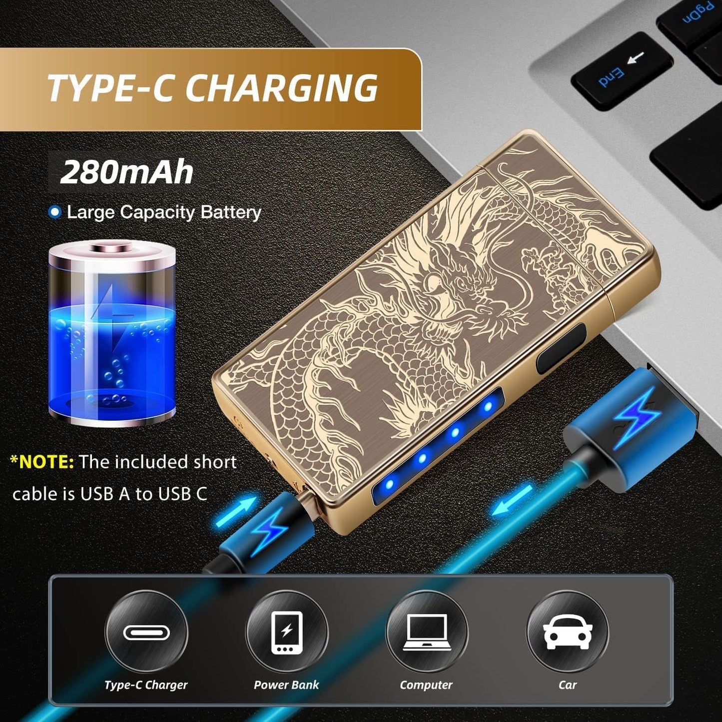 LcFun Electric USB Rechargeable Lighter, Windproof Plasma Dual Arc Lighter, Electronic Flameless Cool Lighters Gifts for Men Fathers Husband (Gold Dragon)