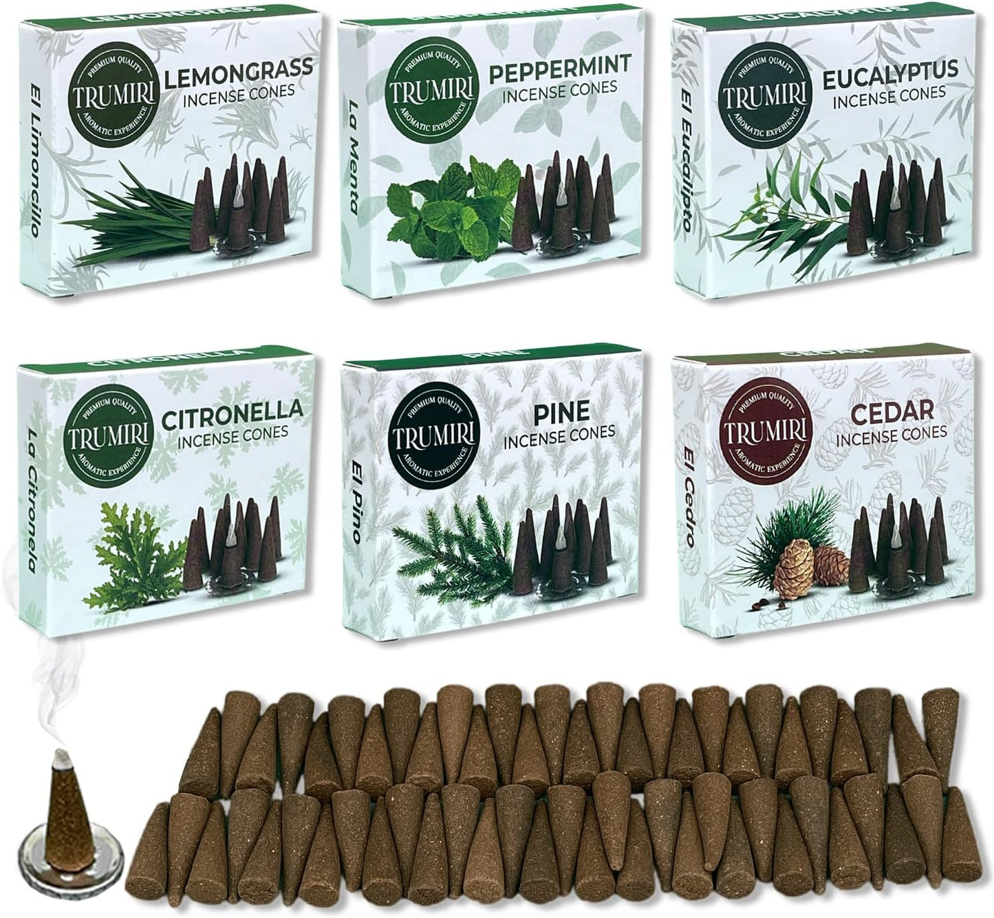 Trumiri Woody Incense Cones - Variety Pack - Total 60 Cone Incense (6 Scents x 10 Conos) - White Sage, Palo Santo, Dragons Blood, Sandalwood - Inscents-Cones Scented - Insense Cones - Incent Cone