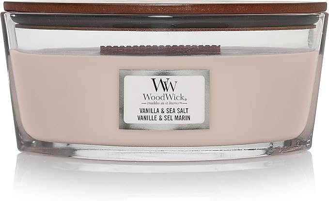 WoodWick Ellipse Scented Candle, Vanilla & Sea Salt 16oz, Crackles as it burns, Up to 50 hours burn time, Premium Soy blend, Perfect for gifting