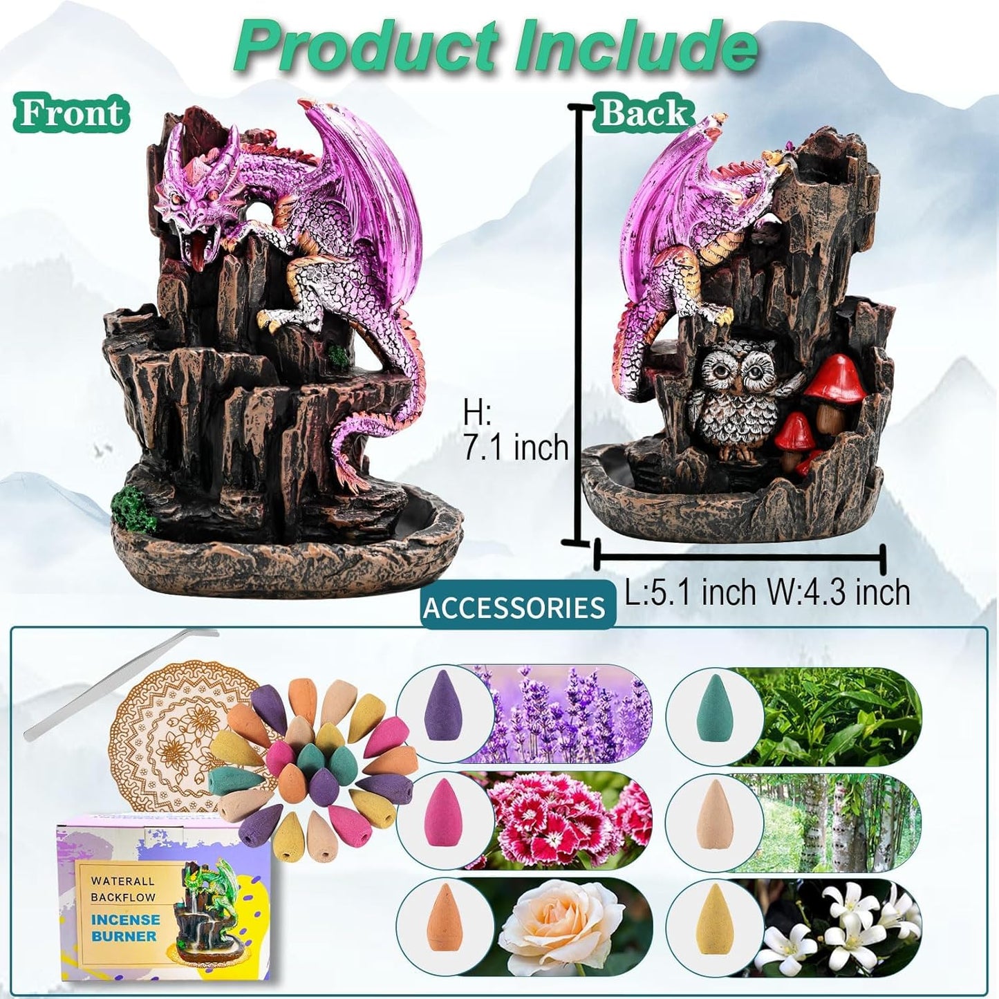 Zvaiuk Dragon Backflow 2 Sided Mountain Waterfall Incense Burner,Fountain Smoke Incense Holder with Backflow Incense Cones, Tweezers, Mat,Resin Aromatherapy Meditationvaiuk (Green)