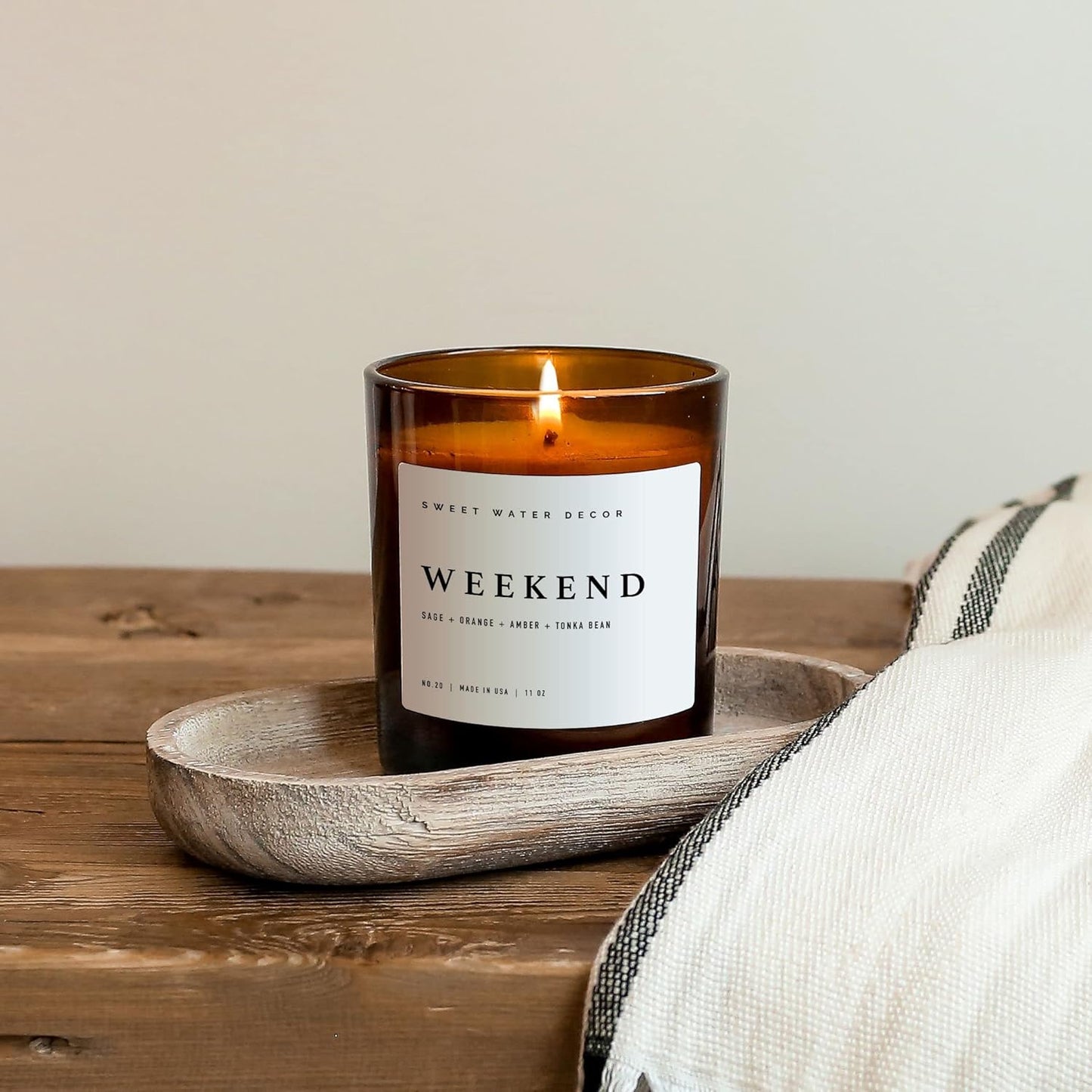 Sweet Water Decor Salt and Sea Candle - Sea Salt, Citrus, Amber, Musk, Beach Scented Soy Candles for Home - 11oz White Glass Jar Wood Lid, 50 Hour Burn Time, Made in the USA