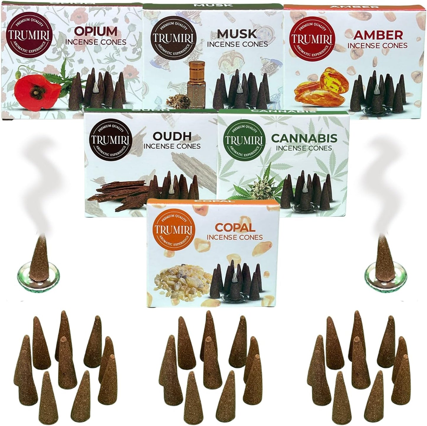 Trumiri Woody Incense Cones - Variety Pack - Total 60 Cone Incense (6 Scents x 10 Conos) - White Sage, Palo Santo, Dragons Blood, Sandalwood - Inscents-Cones Scented - Insense Cones - Incent Cone