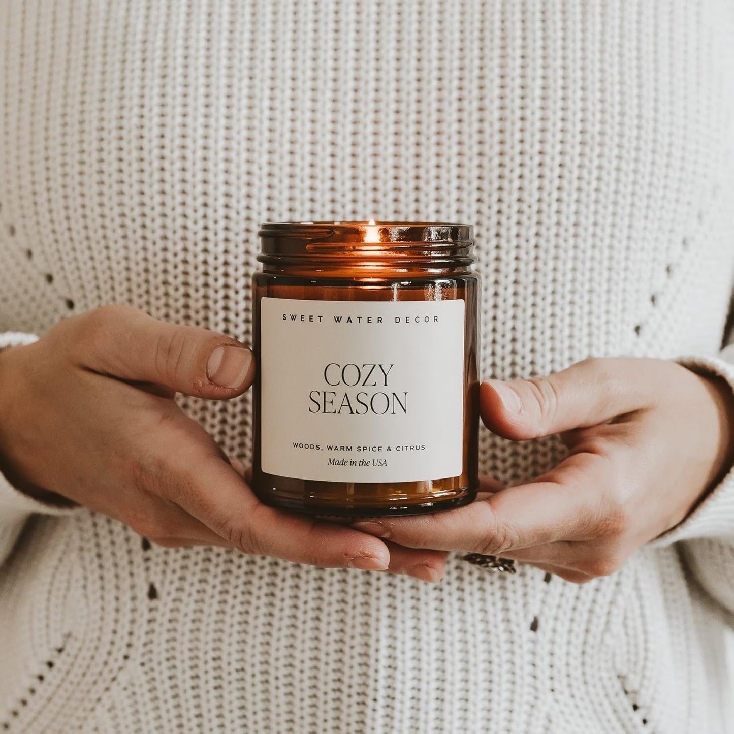 Sweet Water Decor Warm and Cozy Soy Candle - Orange Peel, Cinnamon, Ginger and Clove Scented Candles for Home - 9oz Amber Jar Black Lid, 40 Hour Burn Time, Made in the USA