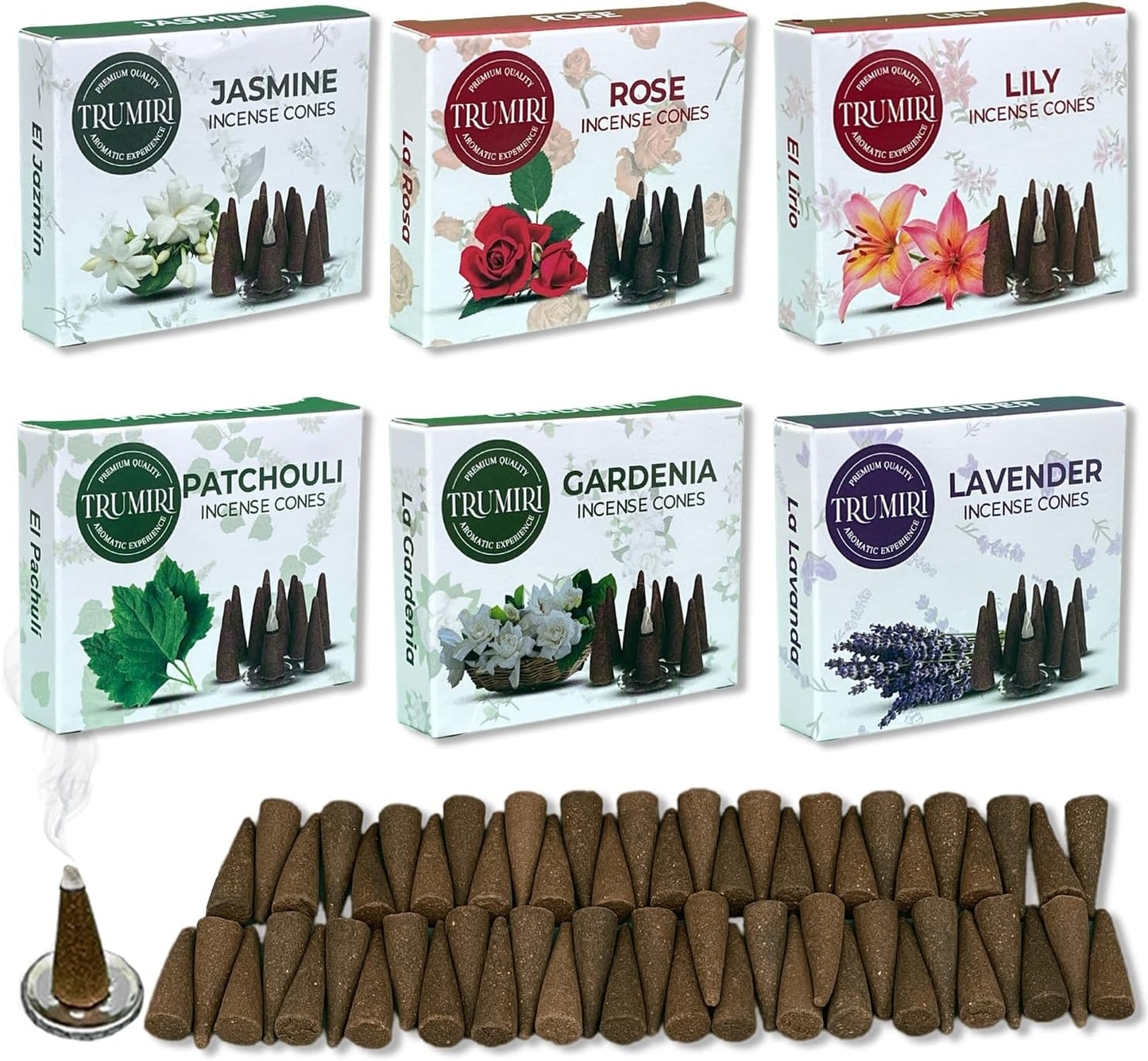Trumiri Woody Incense Cones - Variety Pack - Total 60 Cone Incense (6 Scents x 10 Conos) - White Sage, Palo Santo, Dragons Blood, Sandalwood - Inscents-Cones Scented - Insense Cones - Incent Cone