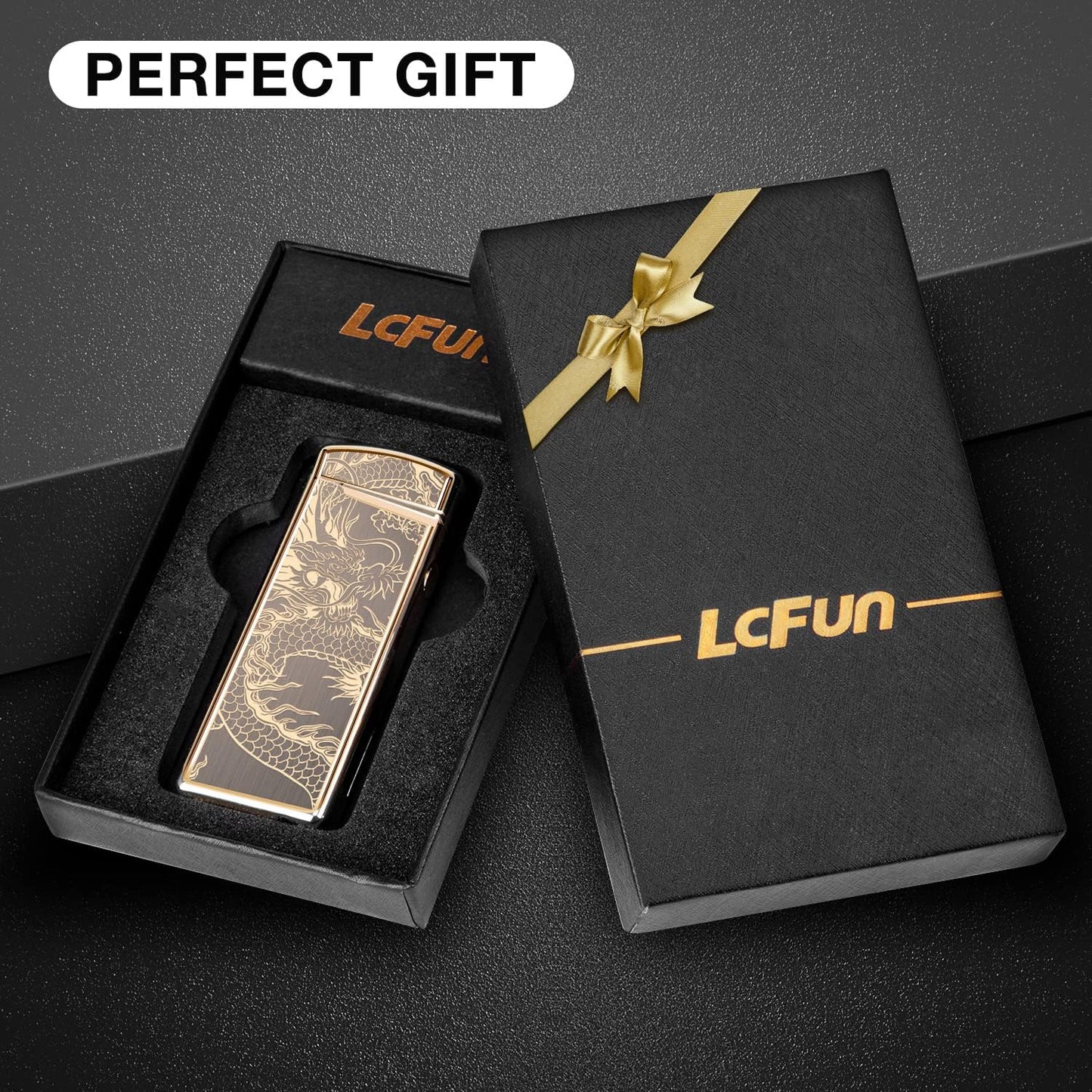 LcFun Electric USB Rechargeable Lighter, Windproof Plasma Dual Arc Lighter with LED Battery Indication, Electronic Flameless Cool Lighters Gifts for Men Fathers Husband (Black Dragon)
