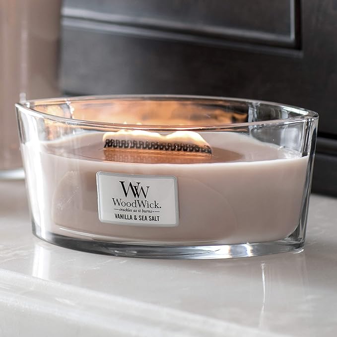 WoodWick Ellipse Scented Candle, Vanilla & Sea Salt 16oz, Crackles as it burns, Up to 50 hours burn time, Premium Soy blend, Perfect for gifting