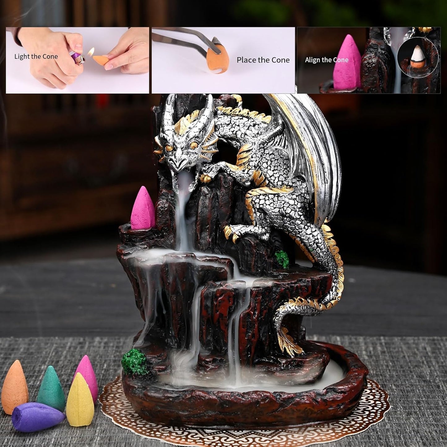 Zvaiuk Dragon Backflow 2 Sided Mountain Waterfall Incense Burner,Fountain Smoke Incense Holder with Backflow Incense Cones, Tweezers, Mat,Resin Aromatherapy Meditationvaiuk (Green)