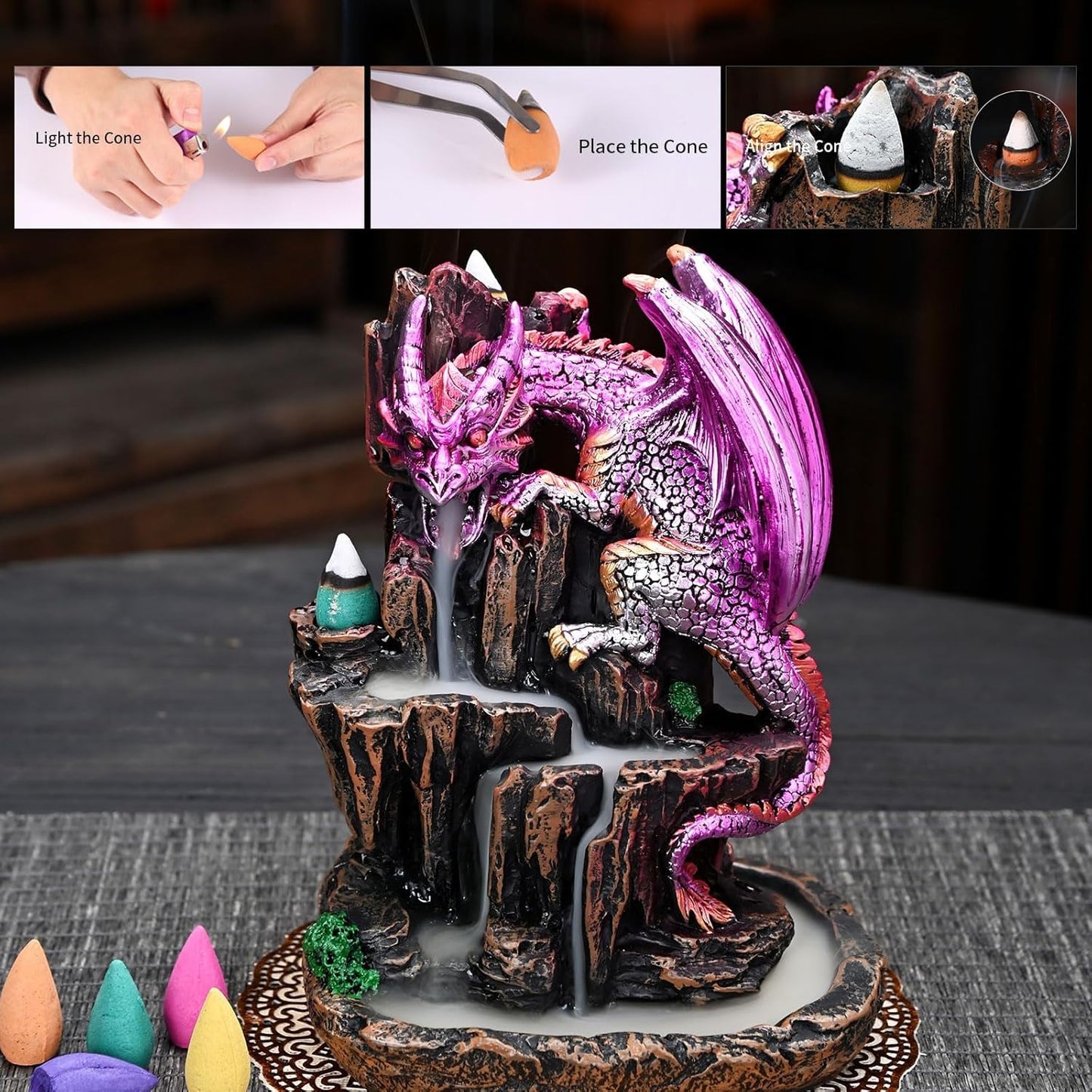 Zvaiuk Dragon Backflow 2 Sided Mountain Waterfall Incense Burner,Fountain Smoke Incense Holder with Backflow Incense Cones, Tweezers, Mat,Resin Aromatherapy Meditationvaiuk (Green)