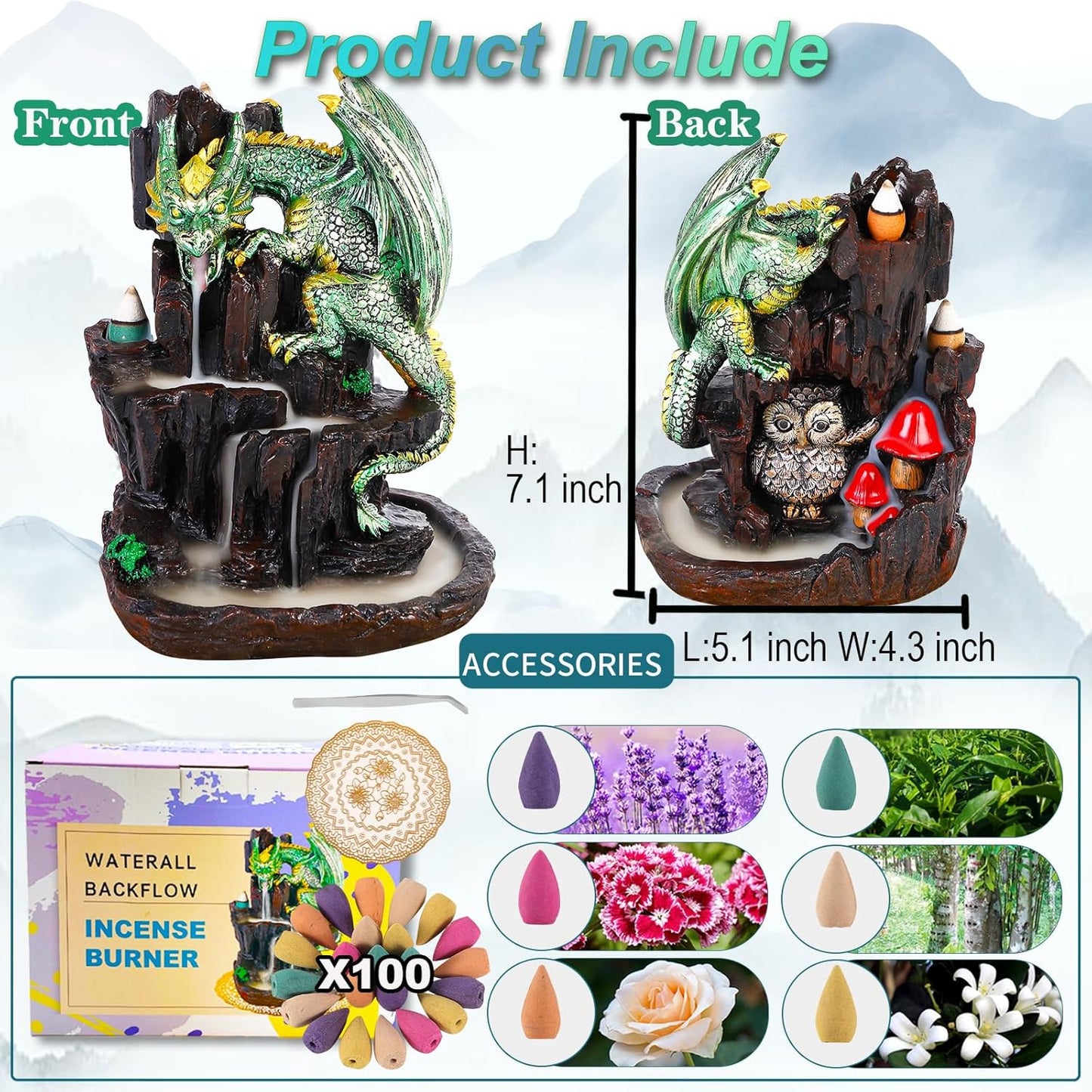 Zvaiuk Dragon Backflow 2 Sided Mountain Waterfall Incense Burner,Fountain Smoke Incense Holder with Backflow Incense Cones, Tweezers, Mat,Resin Aromatherapy Meditationvaiuk (Green)